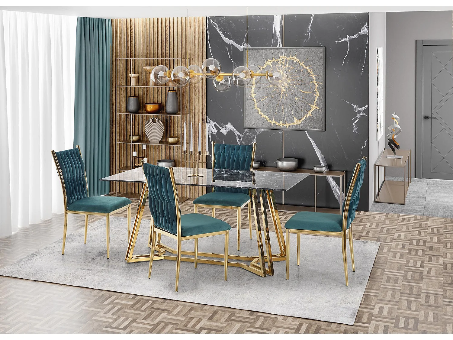 Mesa de comedor CLYTIA con tablero de cristal negro efecto mármol y base de metal dorado