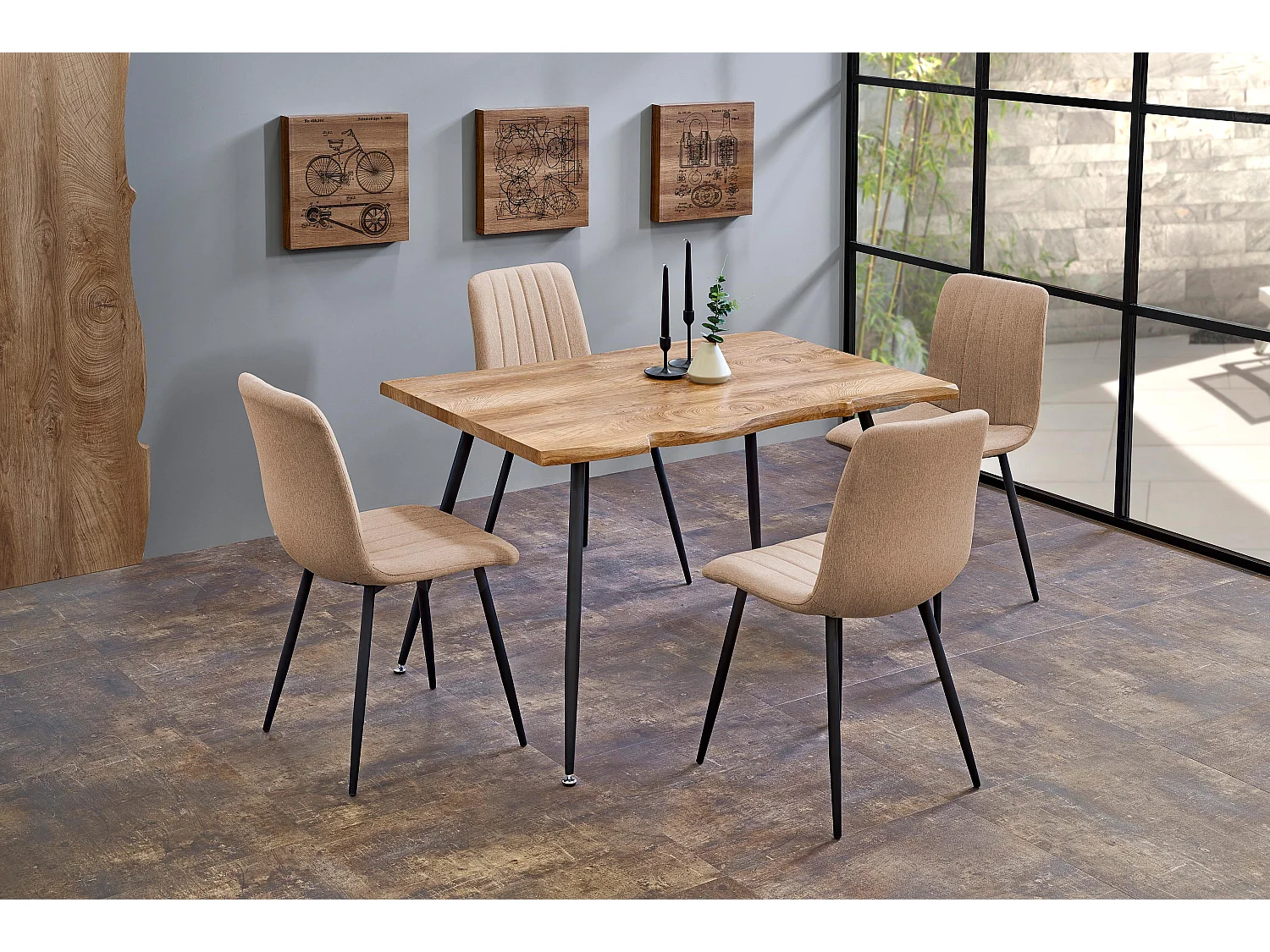 Mesa de comedor Olga con tablero de aspecto roble natural y patas de acero negro