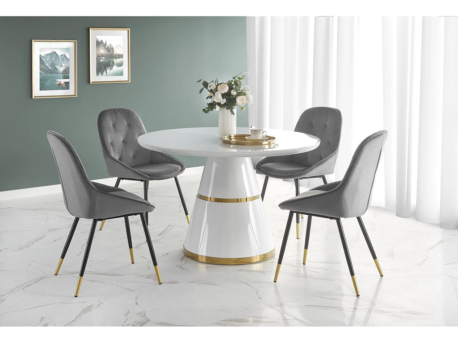 Table de salle à manger ronde blanche et métal doré DAMONA