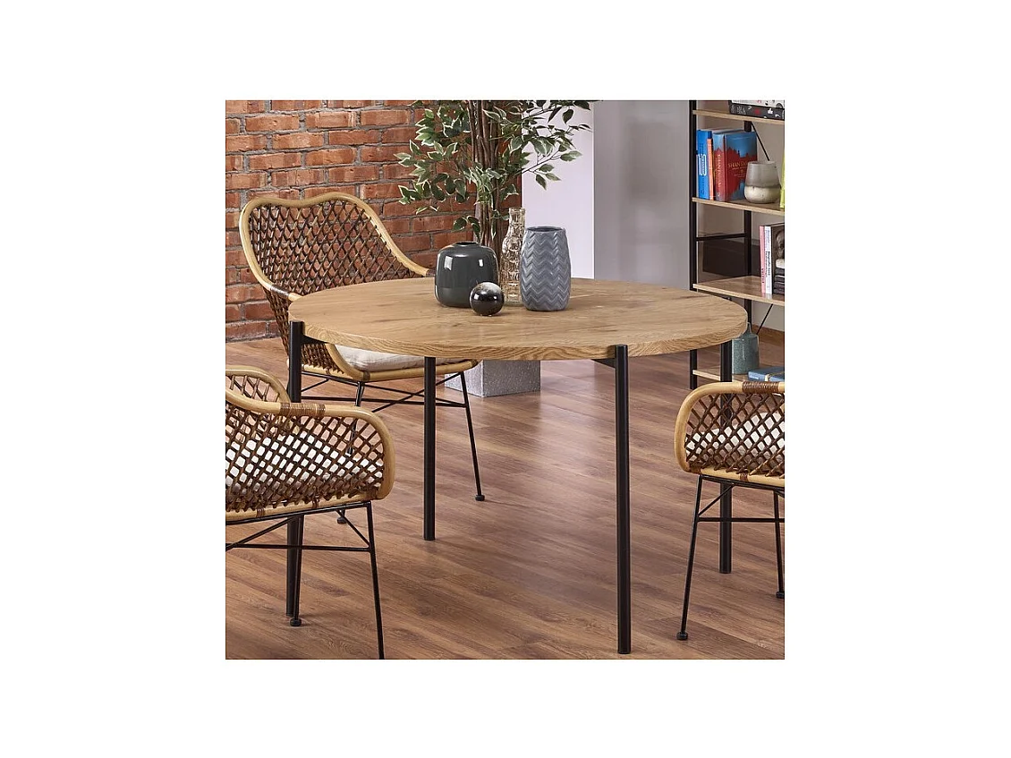 Table ronde 120 cm aspect chêne doré pieds acier noir Fairy