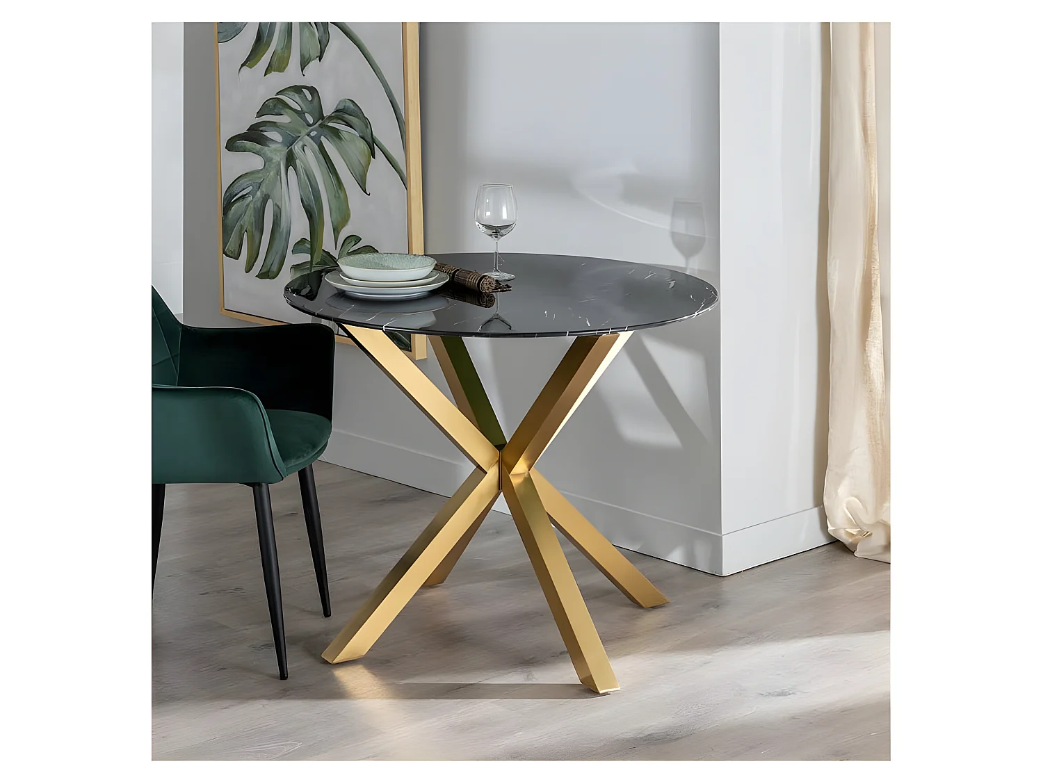 Table ronde or et effet marbre noir 90cm Many