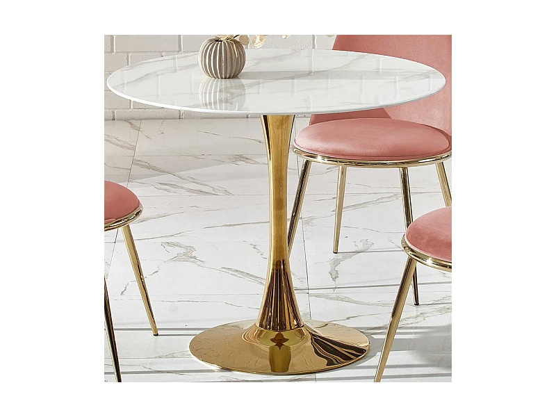 Table ronde avec plateau en verre aspect marbre blanc et pied central en acier doré BOOTIS