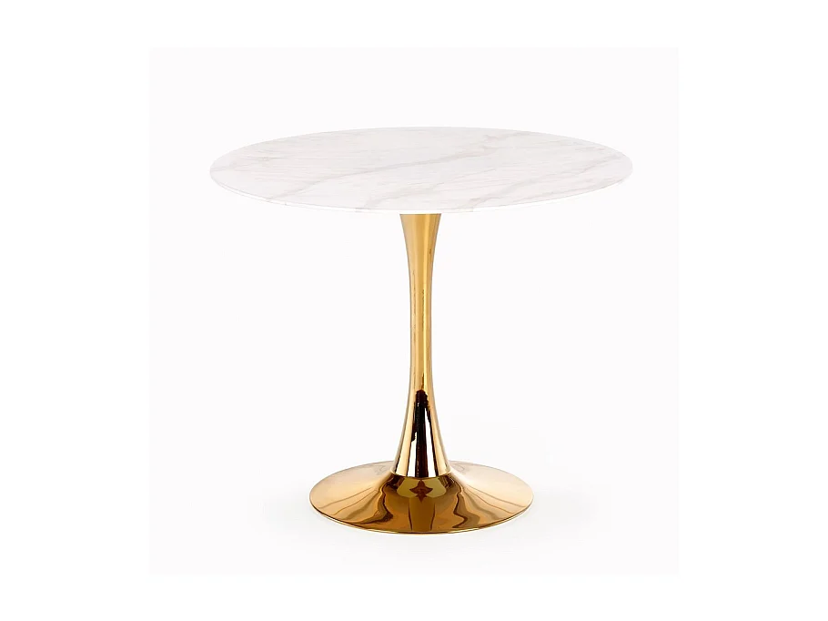 Mesa redonda con tablero de cristal imitación mármol blanco y pata central de acero dorado BOOTIS