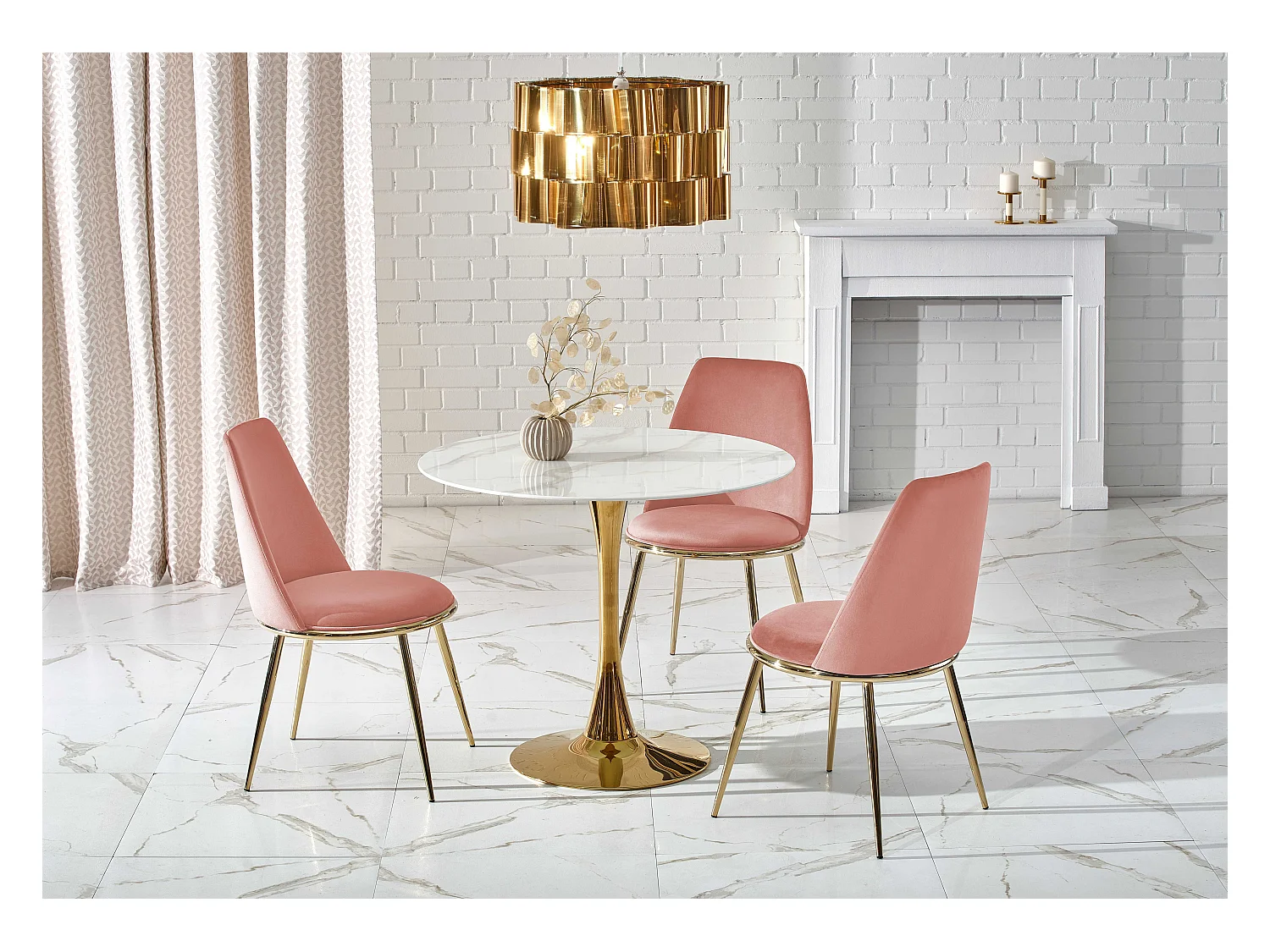 Mesa redonda con tablero de cristal imitación mármol blanco y pata central de acero dorado BOOTIS