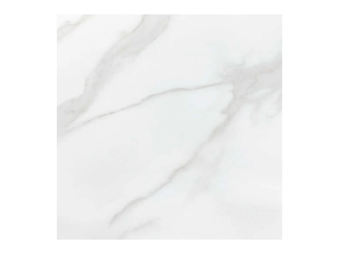 Mesa redonda con tablero de cristal imitación mármol blanco y pata central de acero dorado BOOTIS