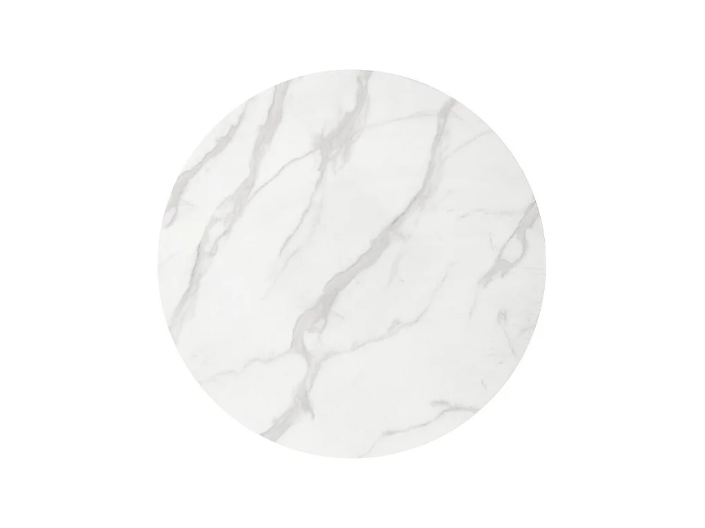 Mesa redonda con tablero de cristal imitación mármol blanco y pata central de acero dorado BOOTIS