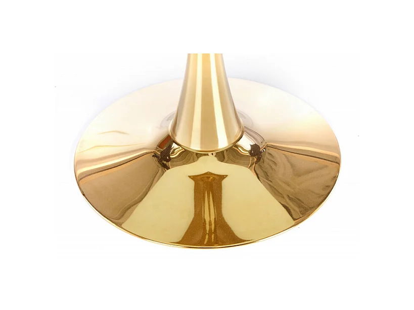 Mesa redonda con tablero de cristal imitación mármol blanco y pata central de acero dorado BOOTIS