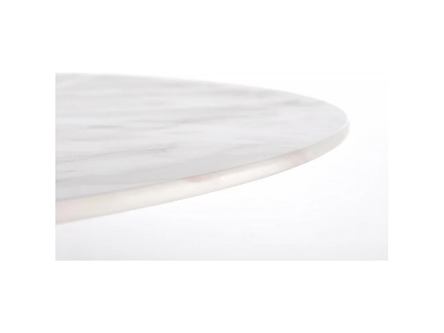 Mesa redonda con tablero de cristal imitación mármol blanco y pata central de acero dorado BOOTIS