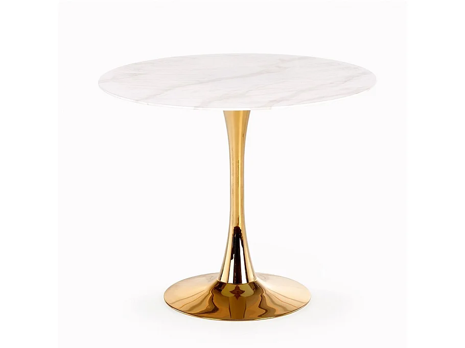 Table ronde avec plateau en verre aspect marbre blanc et pied central en acier doré BOOTIS