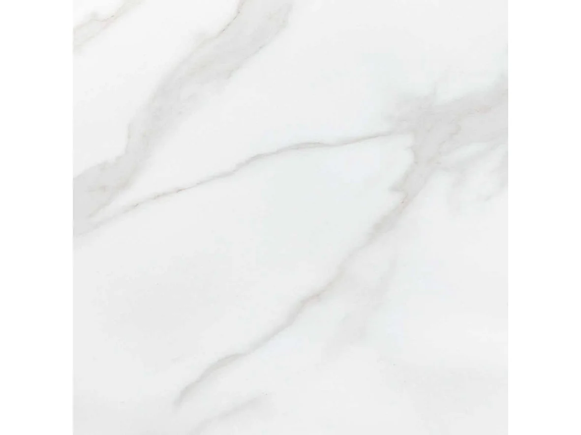 Table ronde avec plateau en verre aspect marbre blanc et pied central en acier doré BOOTIS