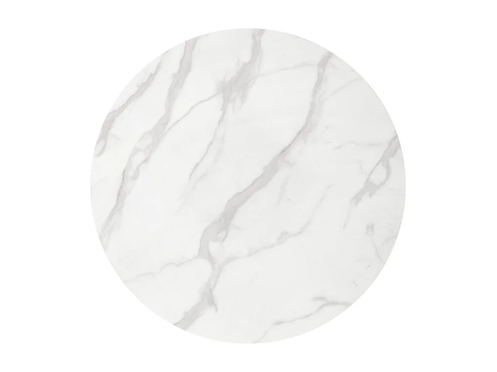 Table ronde avec plateau en verre aspect marbre blanc et pied central en acier doré BOOTIS