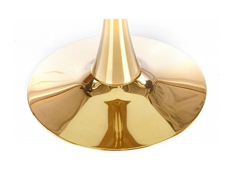 Table ronde avec plateau en verre aspect marbre blanc et pied central en acier doré BOOTIS