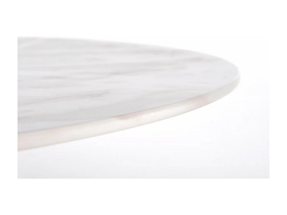 Table ronde avec plateau en verre aspect marbre blanc et pied central en acier doré BOOTIS