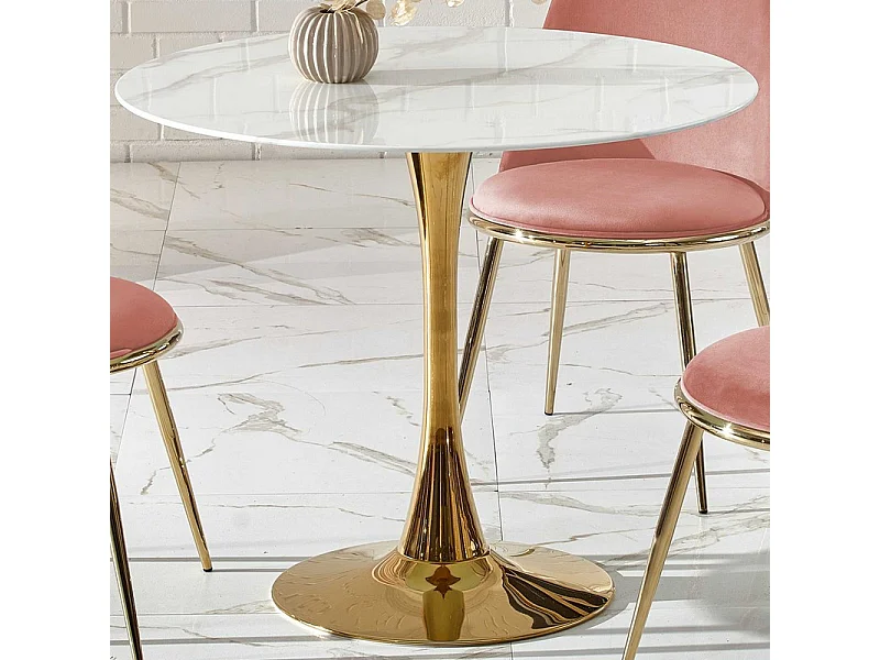 Mesa redonda con tablero de cristal imitación mármol blanco y pata central de acero dorado BOOTIS