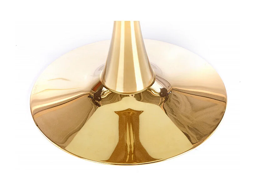 Mesa redonda con tablero de cristal imitación mármol blanco y pata central de acero dorado BOOTIS