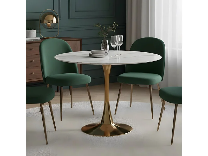 Table ronde avec plateau en verre aspect marbre blanc et pied central en acier doré BOOTIS