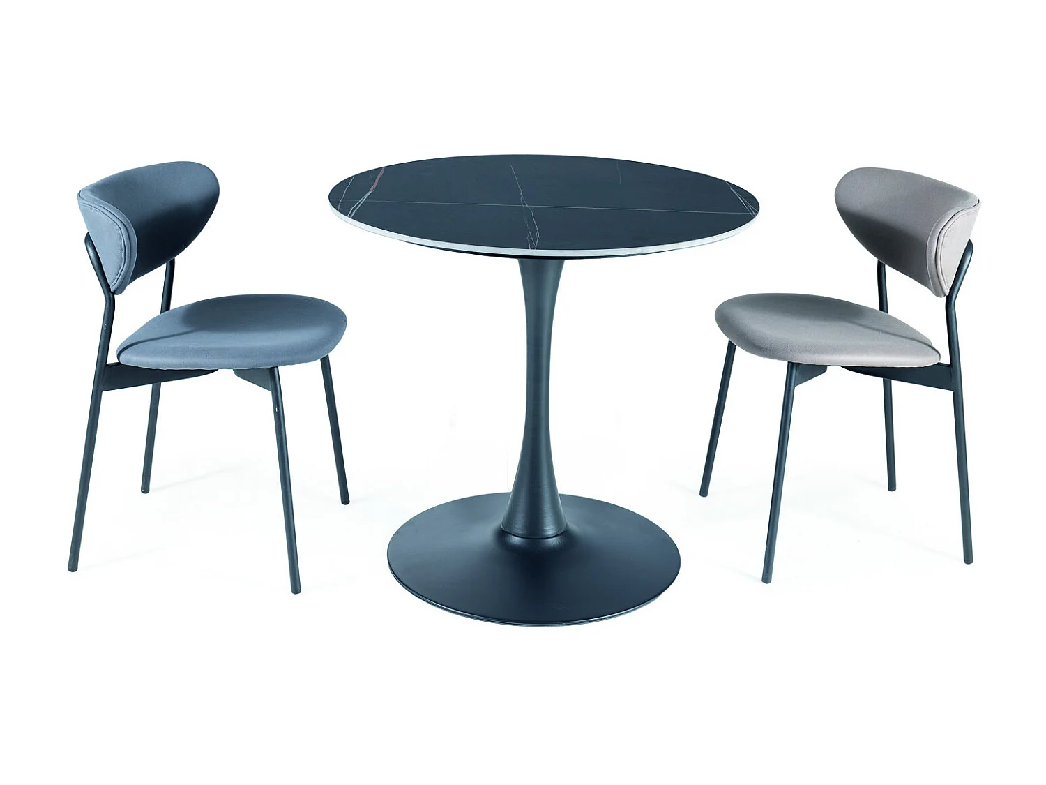 Table ronde noire 80cm avec plateau céramique aspect marbre Sasha