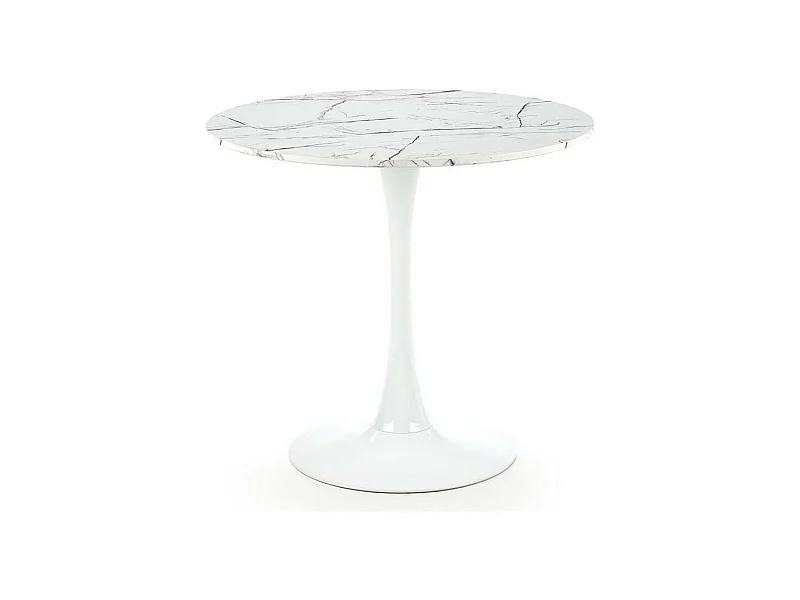 Table ronde 80 cm blanche avec plateau aspect marbre et pied en métal DANU