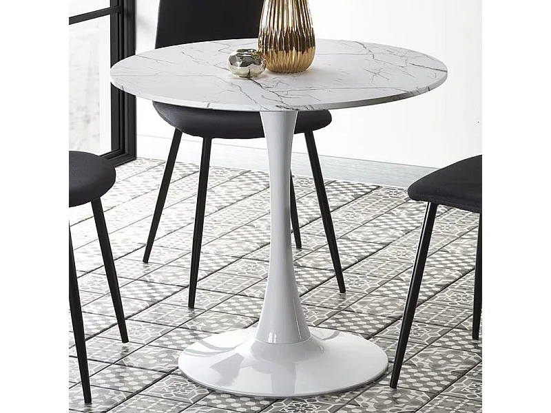 Table ronde 80 cm blanche avec plateau aspect marbre et pied en métal DANU