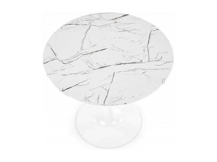 Table ronde 80 cm blanche avec plateau aspect marbre et pied en métal DANU