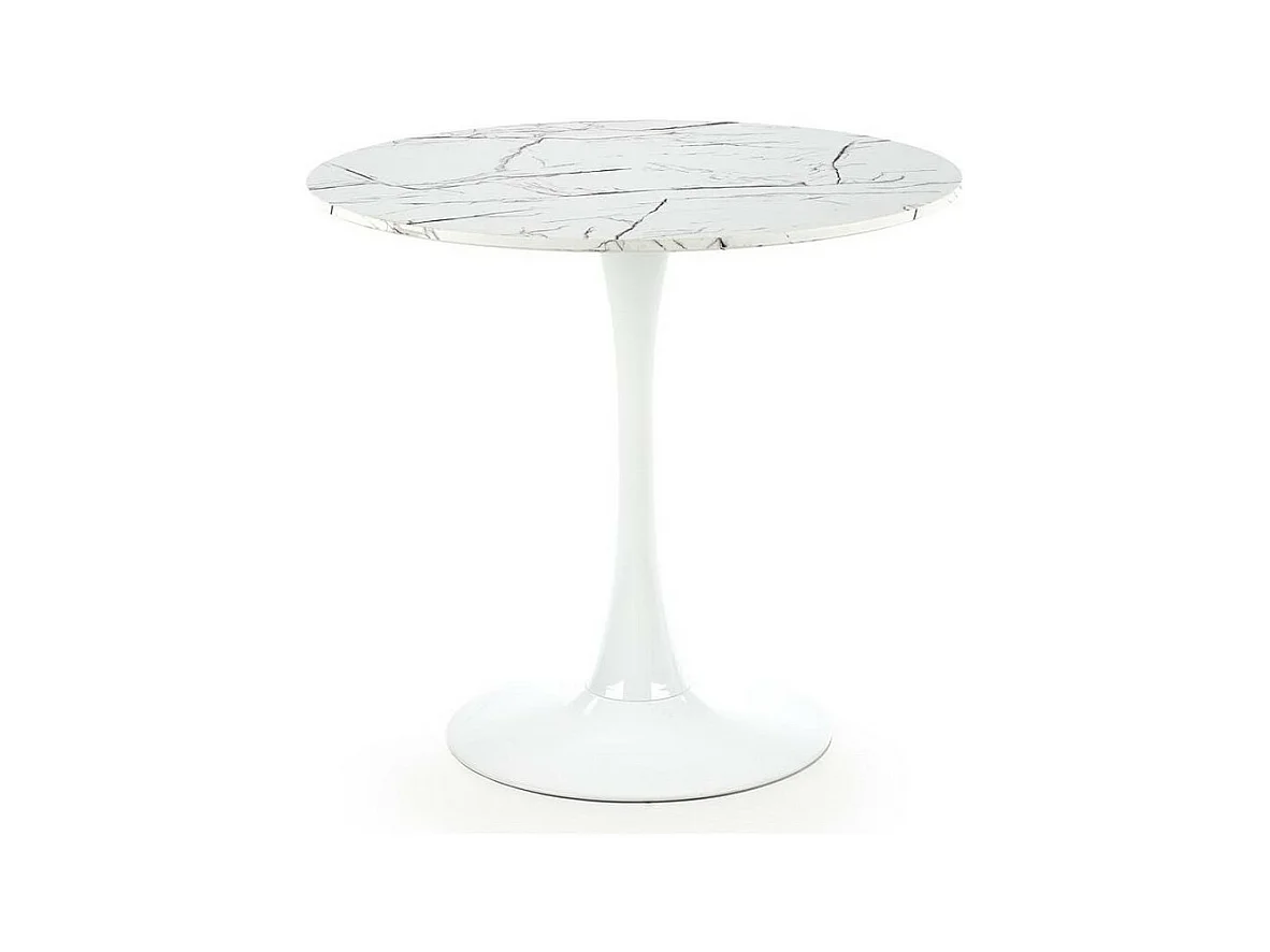 Table ronde 80 cm blanche avec plateau aspect marbre et pied en métal DANU