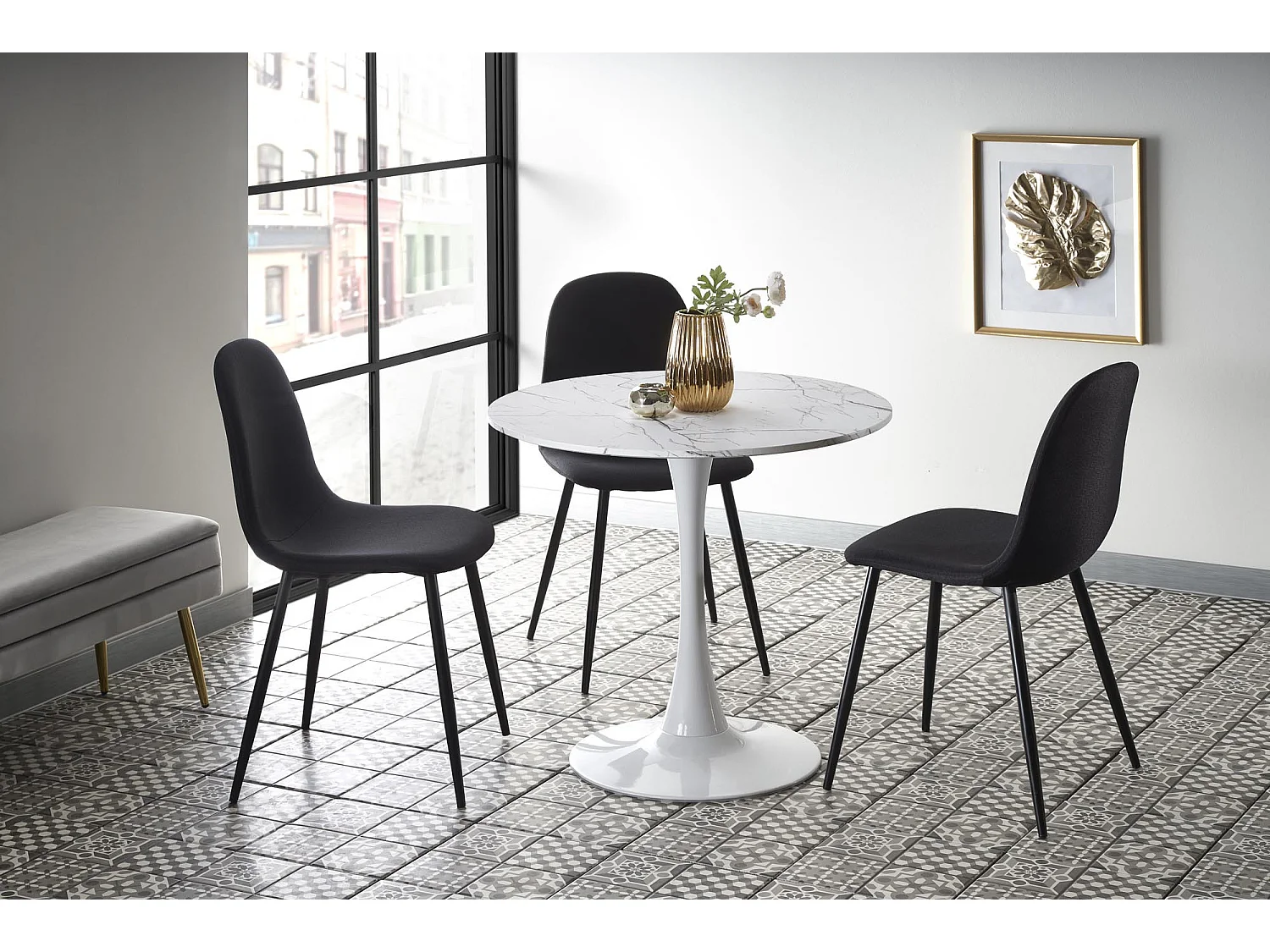 Mesa redonda blanca de 80 cm con tablero imitación mármol y base de metal DANU