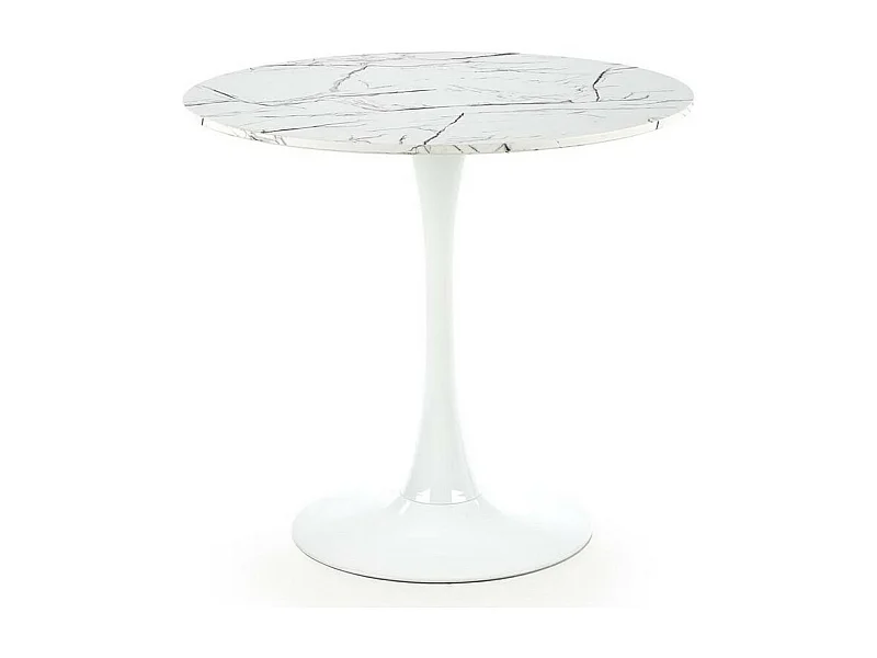 Table ronde 80 cm blanche avec plateau aspect marbre et pied en métal DANU