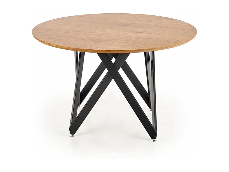 Mesa de comedor redonda con tablero de aspecto roble dorado y base de diseño de acero Spin negro