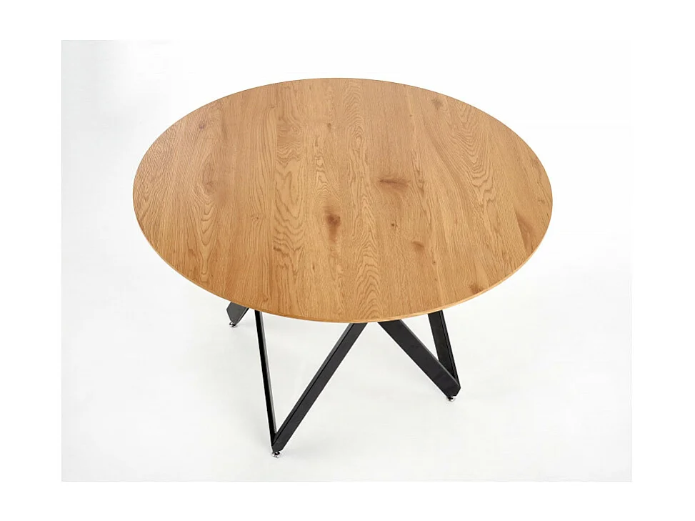 Mesa de comedor redonda con tablero de aspecto roble dorado y base de diseño de acero Spin negro