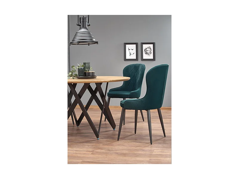 Table de salle à manger ronde avec plateau aspect chêne doré et piètement design en acier noir Spin