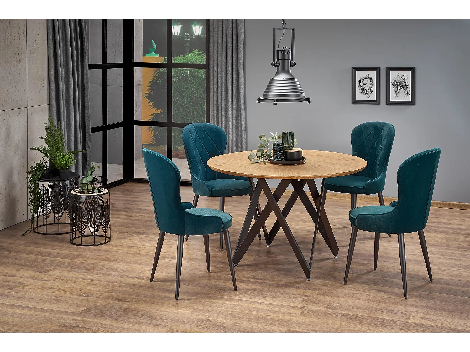 Mesa de comedor redonda con tablero de aspecto roble dorado y base de diseño de acero Spin negro