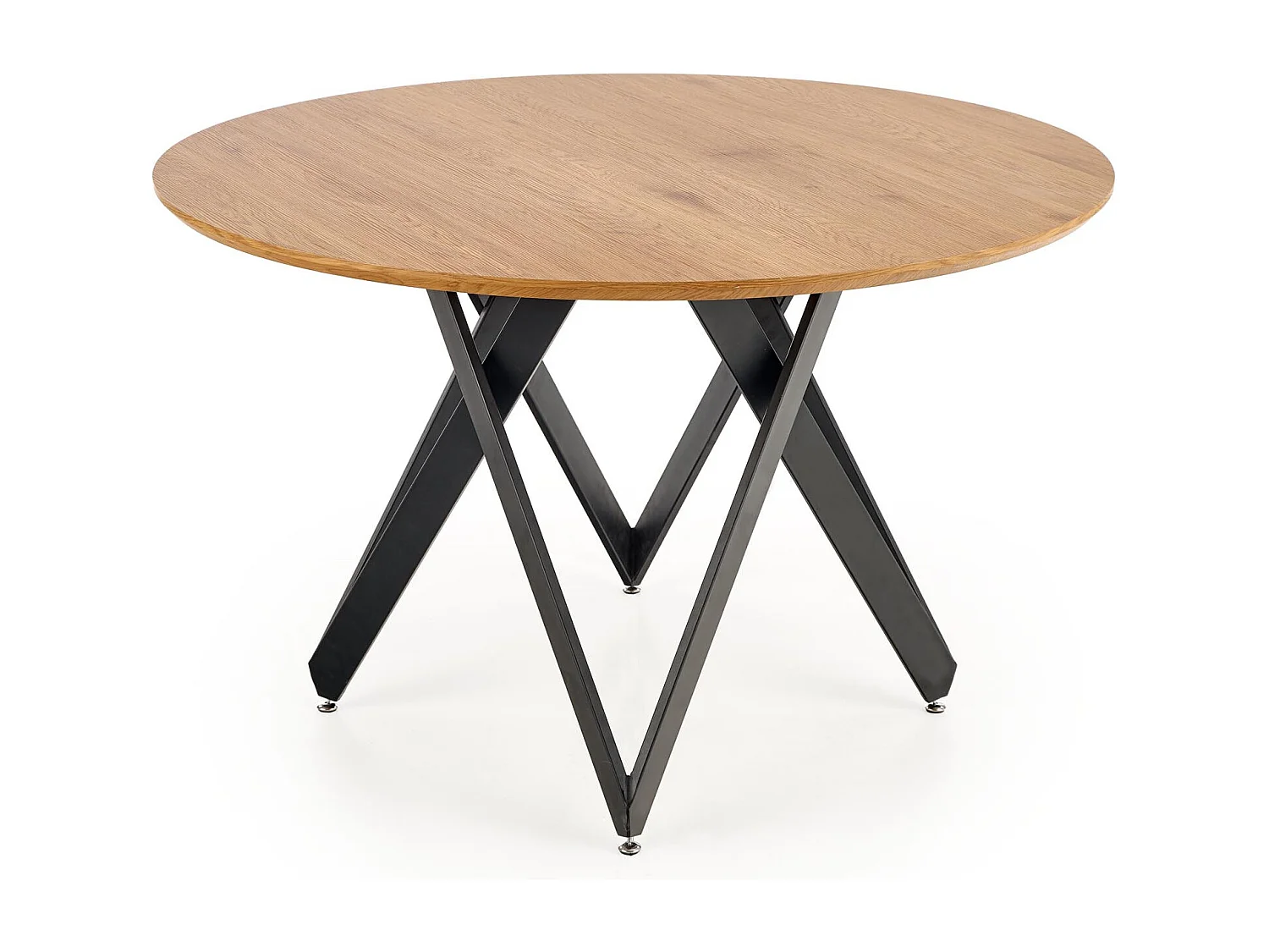 Mesa de comedor redonda con tablero de aspecto roble dorado y base de diseño de acero Spin negro