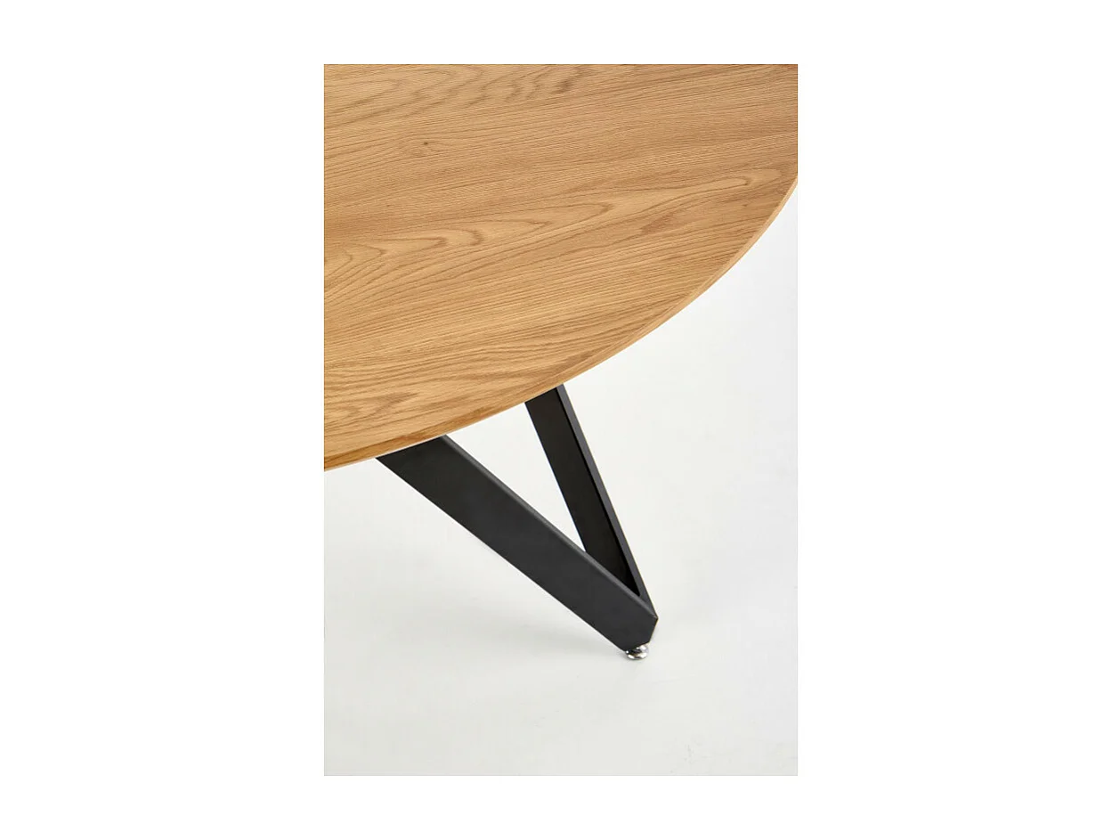 Mesa de comedor redonda con tablero de aspecto roble dorado y base de diseño de acero Spin negro