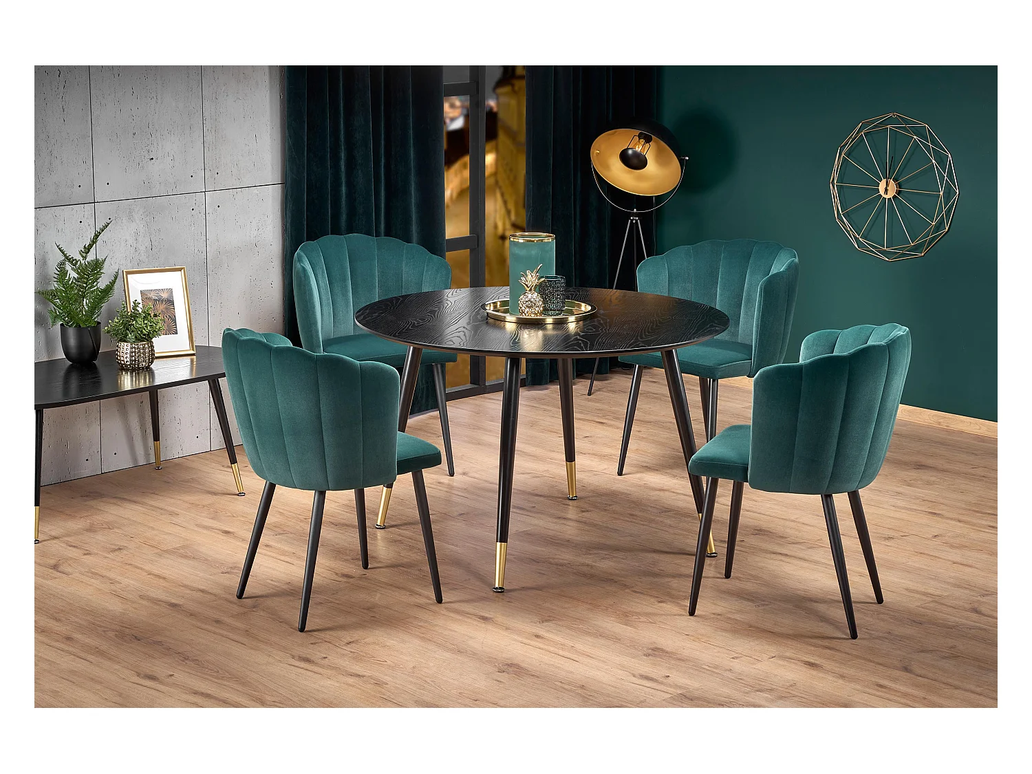Table de salle à manger ronde noire de 120 cm avec pieds en acier noir et doré Lady