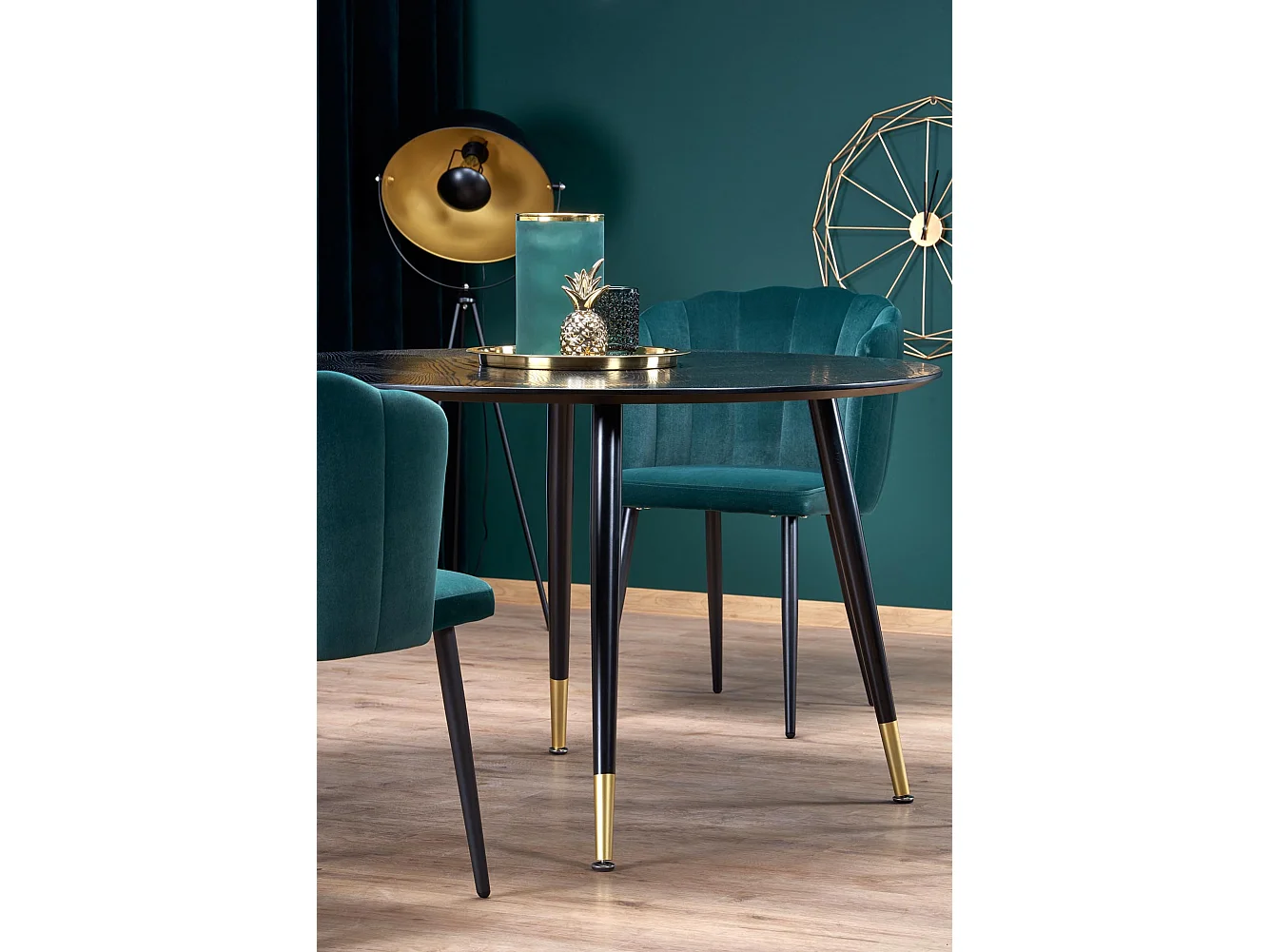 Table de salle à manger ronde noire de 120 cm avec pieds en acier noir et doré Lady