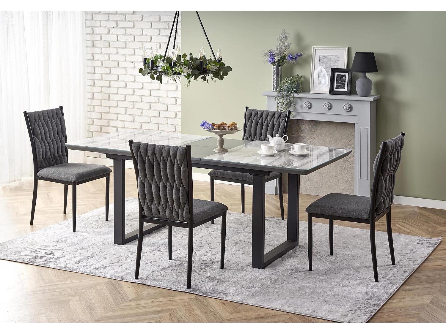 Table de salle à manger avec plateau en verre aspect marbre extensible ALIYAN