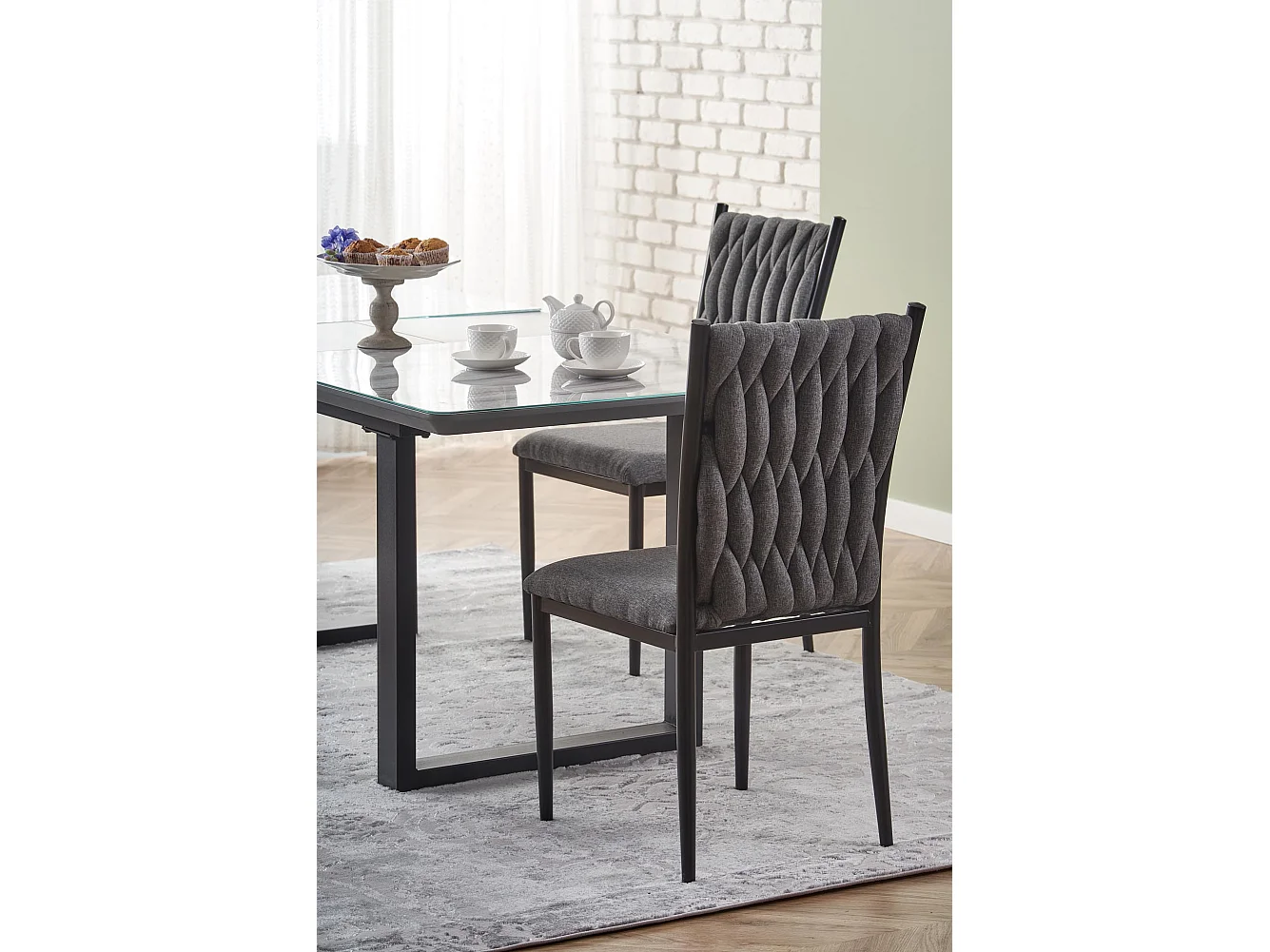 Table de salle à manger avec plateau en verre aspect marbre extensible ALIYAN