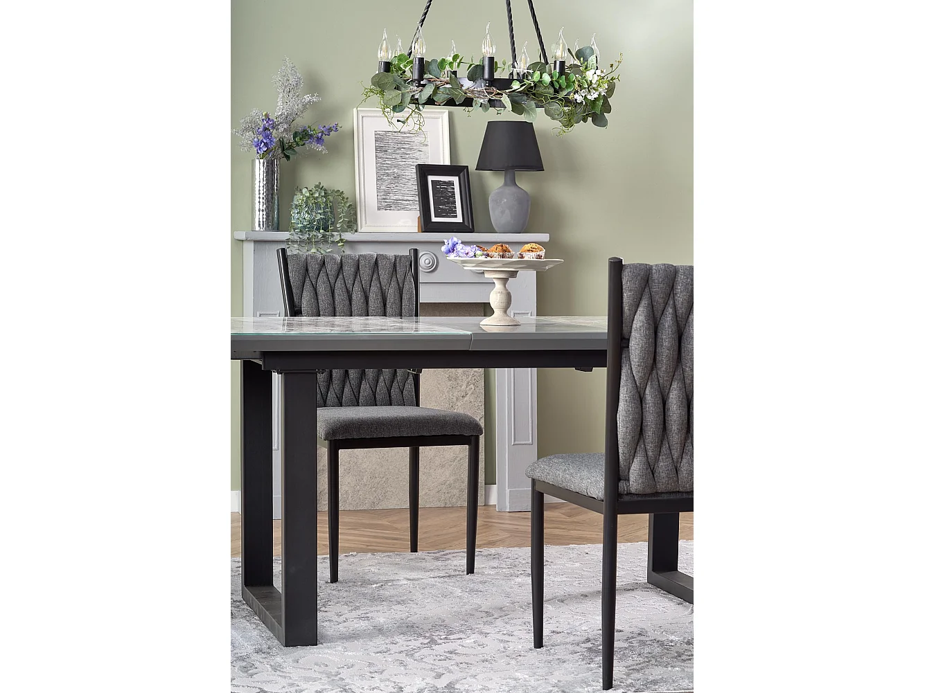 Table de salle à manger avec plateau en verre aspect marbre extensible ALIYAN