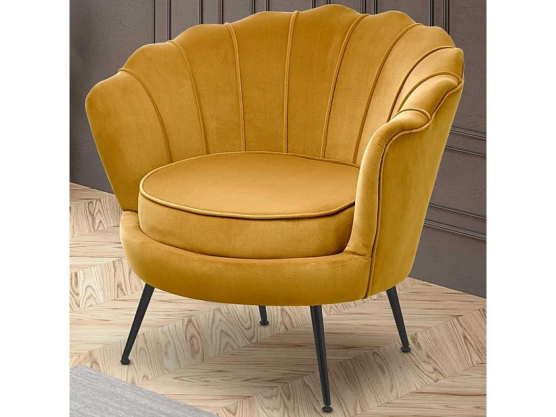 Poltrona a guscio in velluto giallo senape con gambe in metallo nero CAPRICA 2