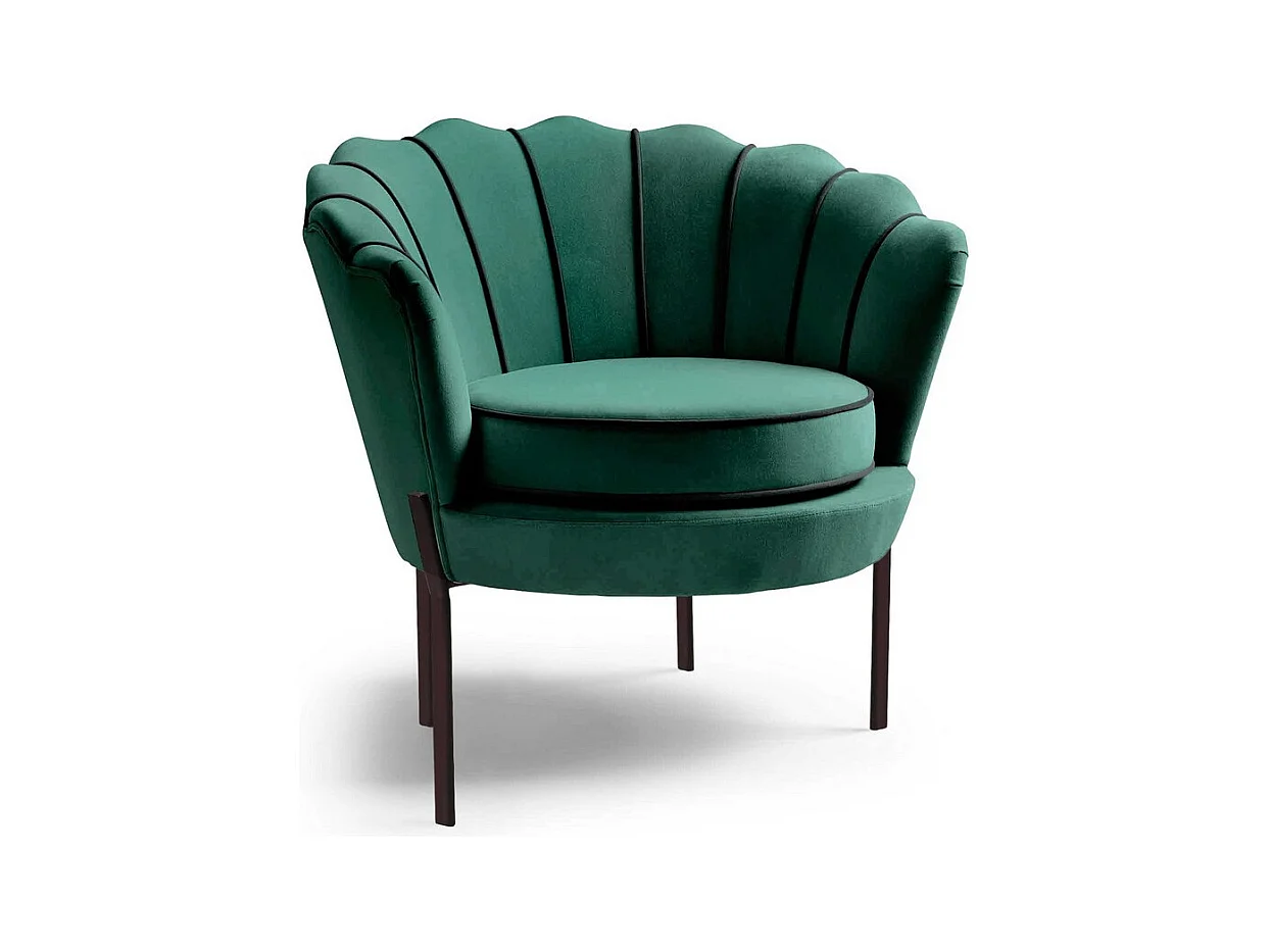 Fauteuil coquillage en velours vert avec pieds noirs en métal HOEL