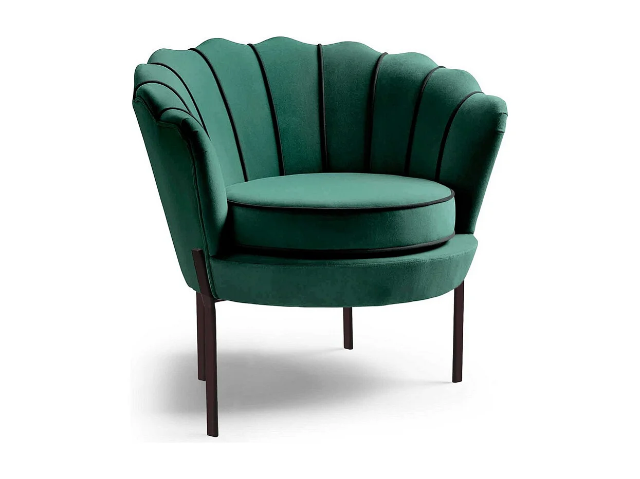 Poltrona a guscio in velluto verde con gambe in metallo nero HOEL