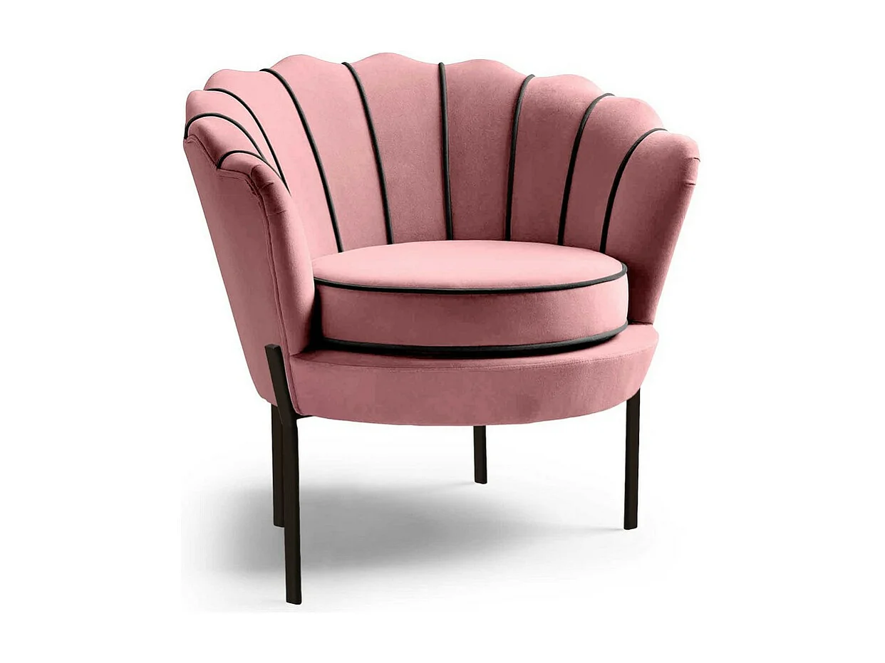 Fauteuil coquillage en velours rose avec pieds noirs en métal HOEL