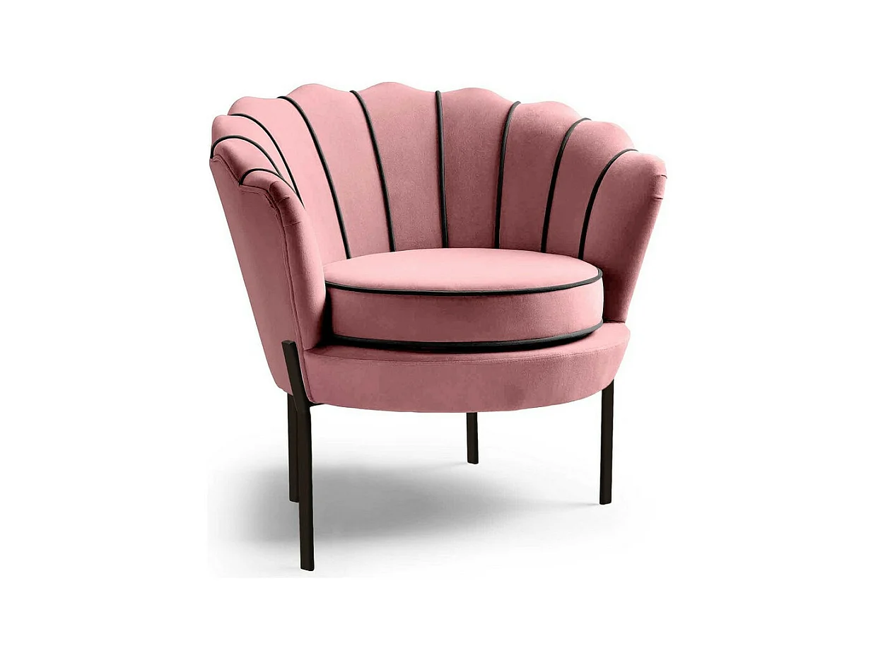 Fauteuil coquillage en velours rose avec pieds noirs en métal HOEL