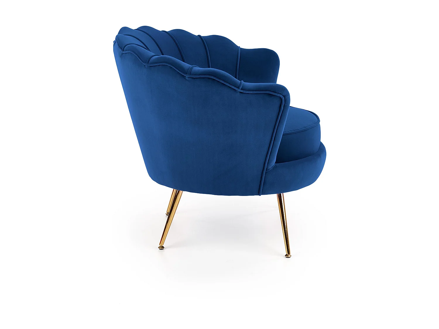 Poltrona a guscio in velluto blu con gambe in metallo dorato CAPRICA