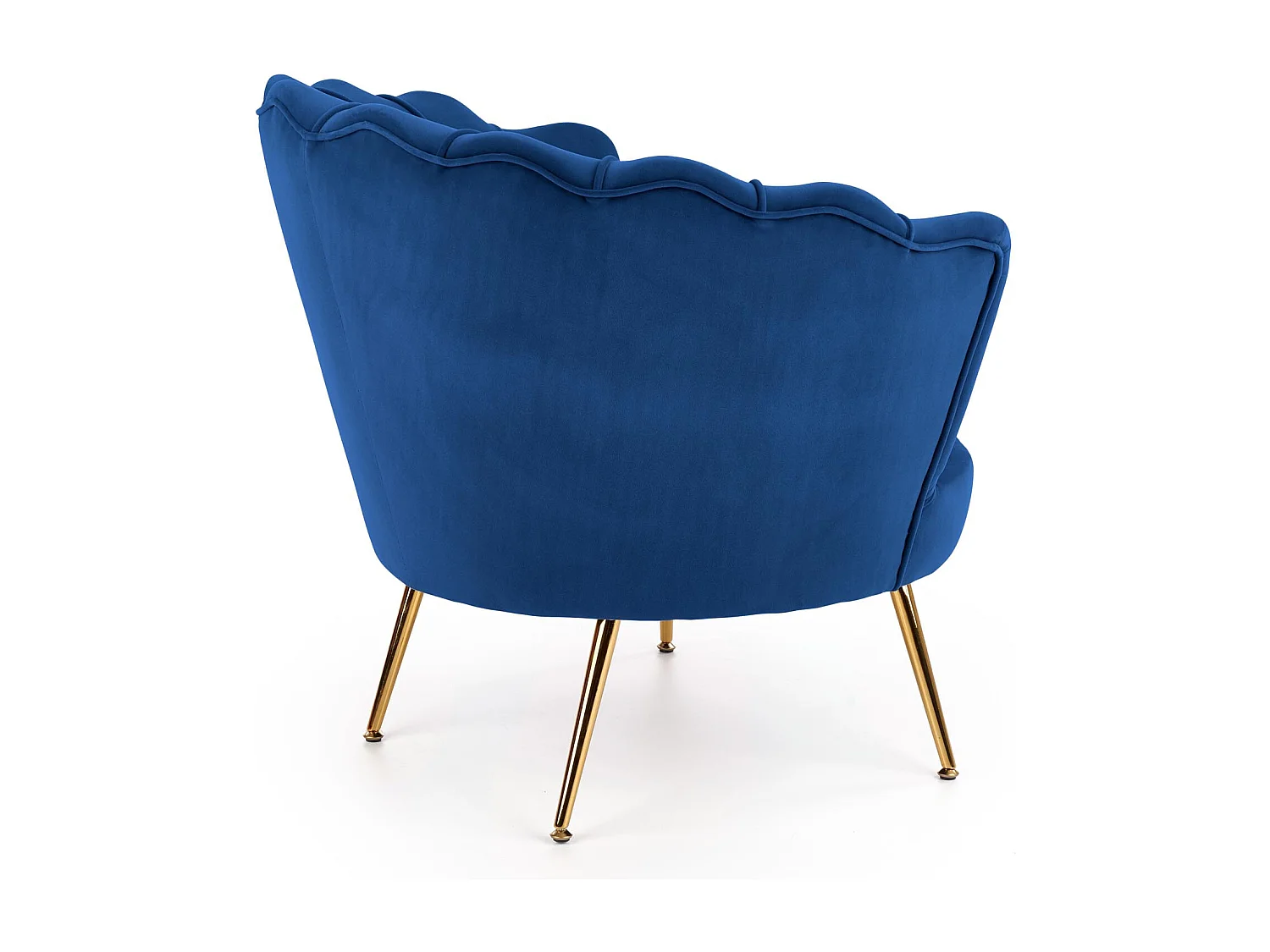 Poltrona a guscio in velluto blu con gambe in metallo dorato CAPRICA