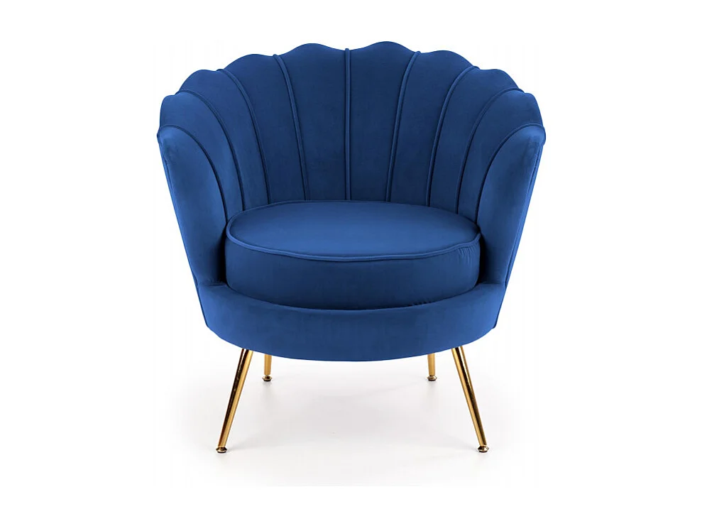 Poltrona a guscio in velluto blu con gambe in metallo dorato CAPRICA