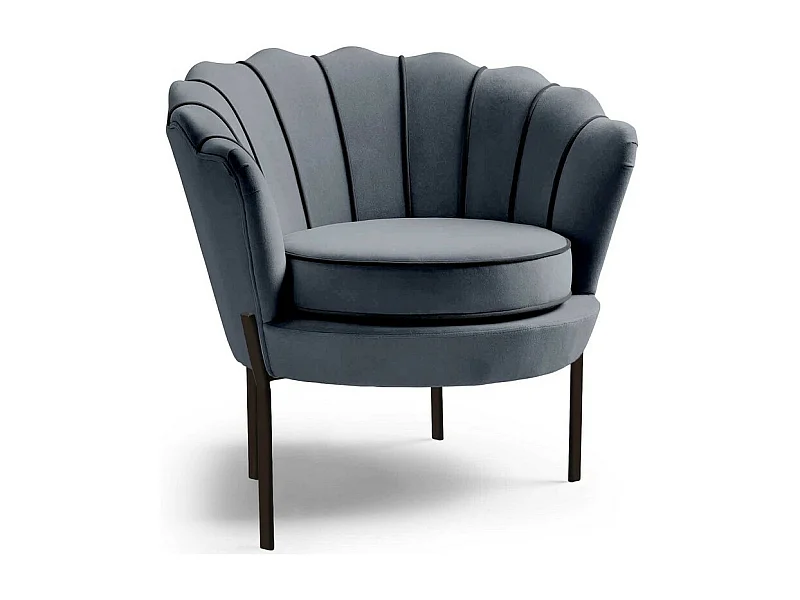 Fauteuil coquillage en velours gris avec pieds noirs en métal HOEL