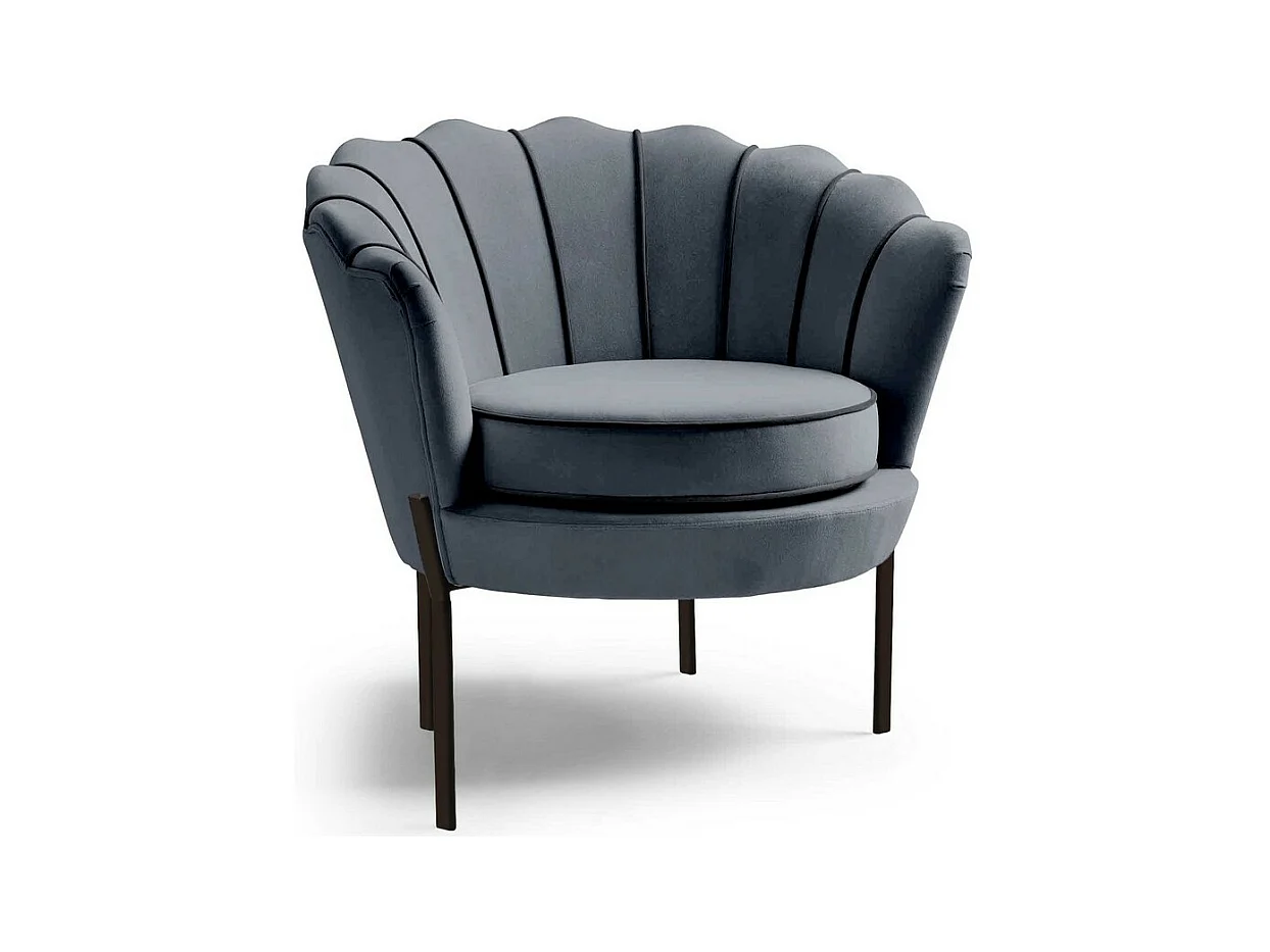 Fauteuil coquillage en velours gris avec pieds noirs en métal HOEL