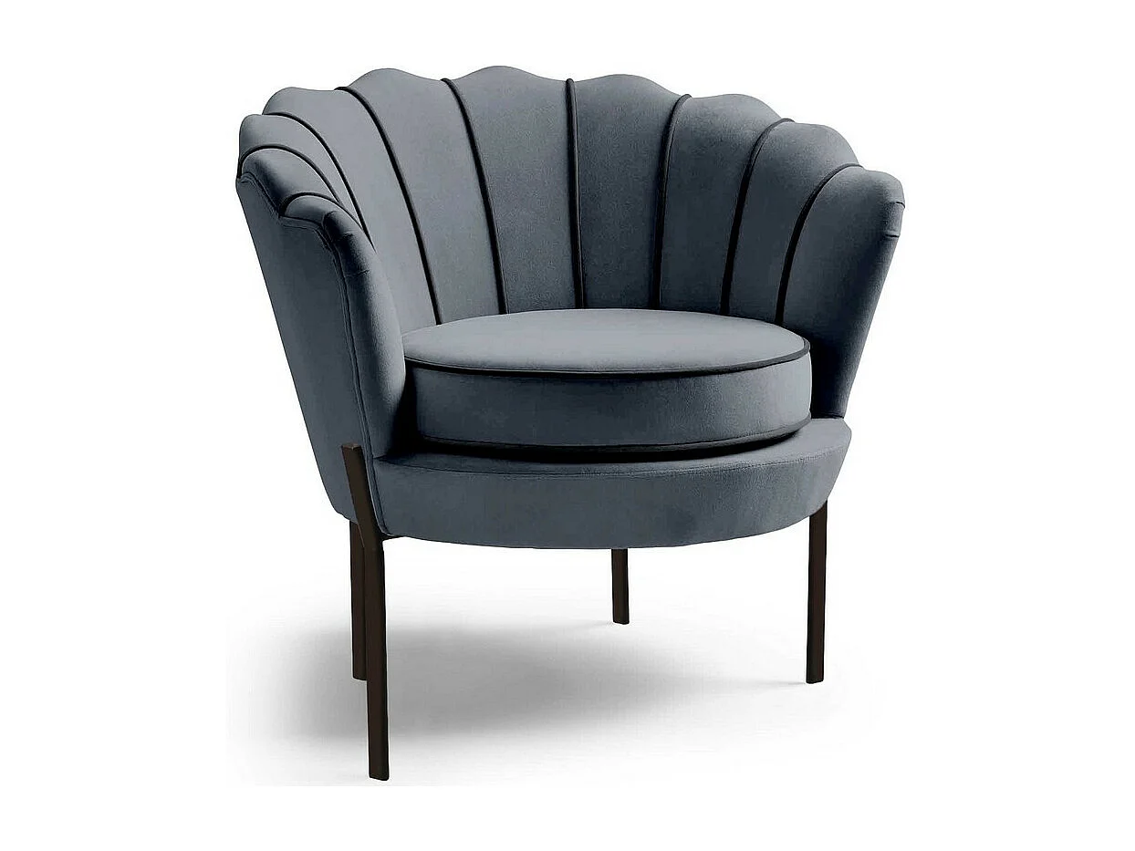 Fauteuil coquillage en velours gris avec pieds noirs en métal HOEL