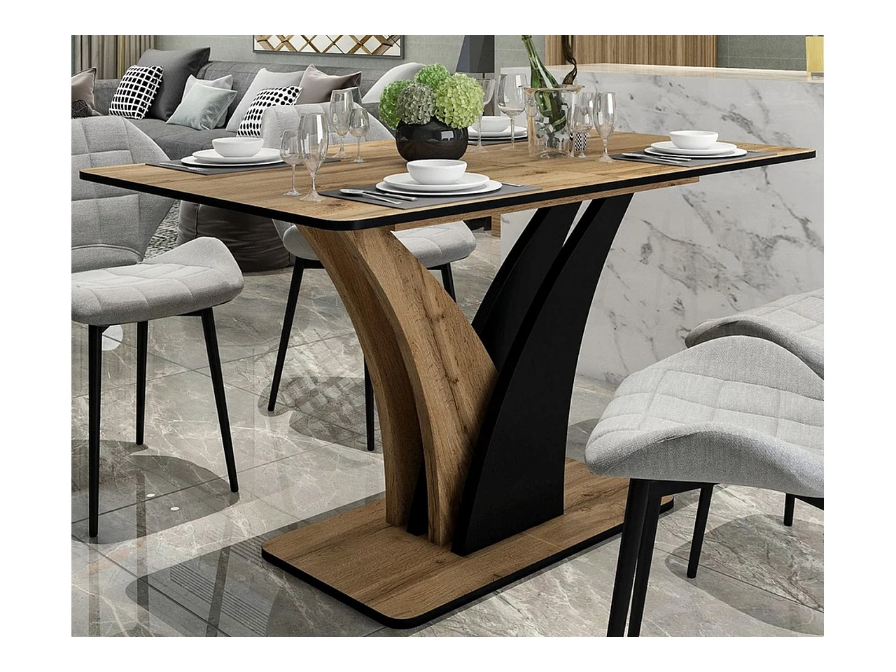 Mesa extensible Cassandra 120-160 cm negra y aspecto roble